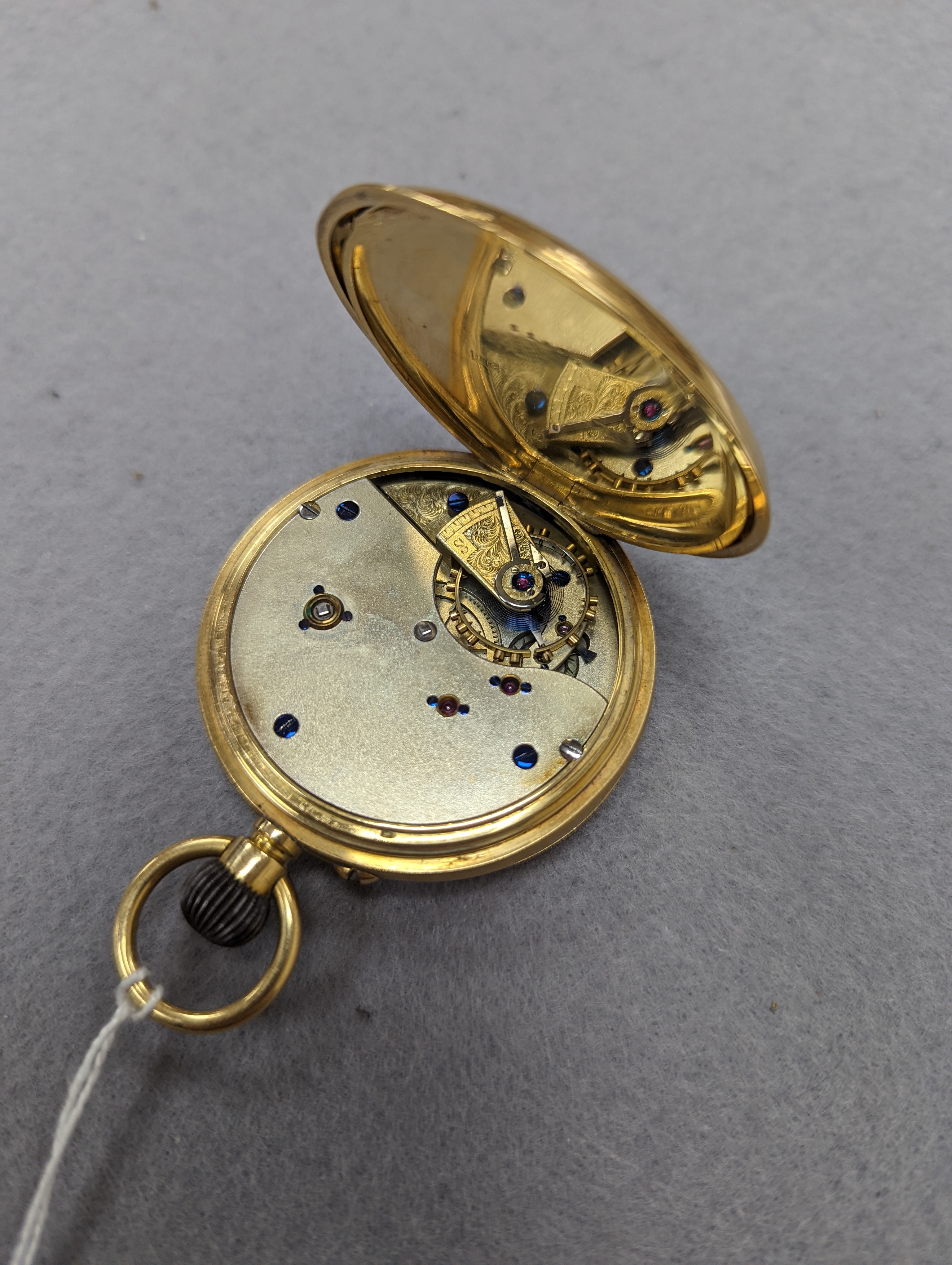 A Swiss 18k yellow metal keyless hunter pocket watch, with Roman dial and subsidiary seconds, case diameter 52mm, gross 121.8 grams, in fitted case.